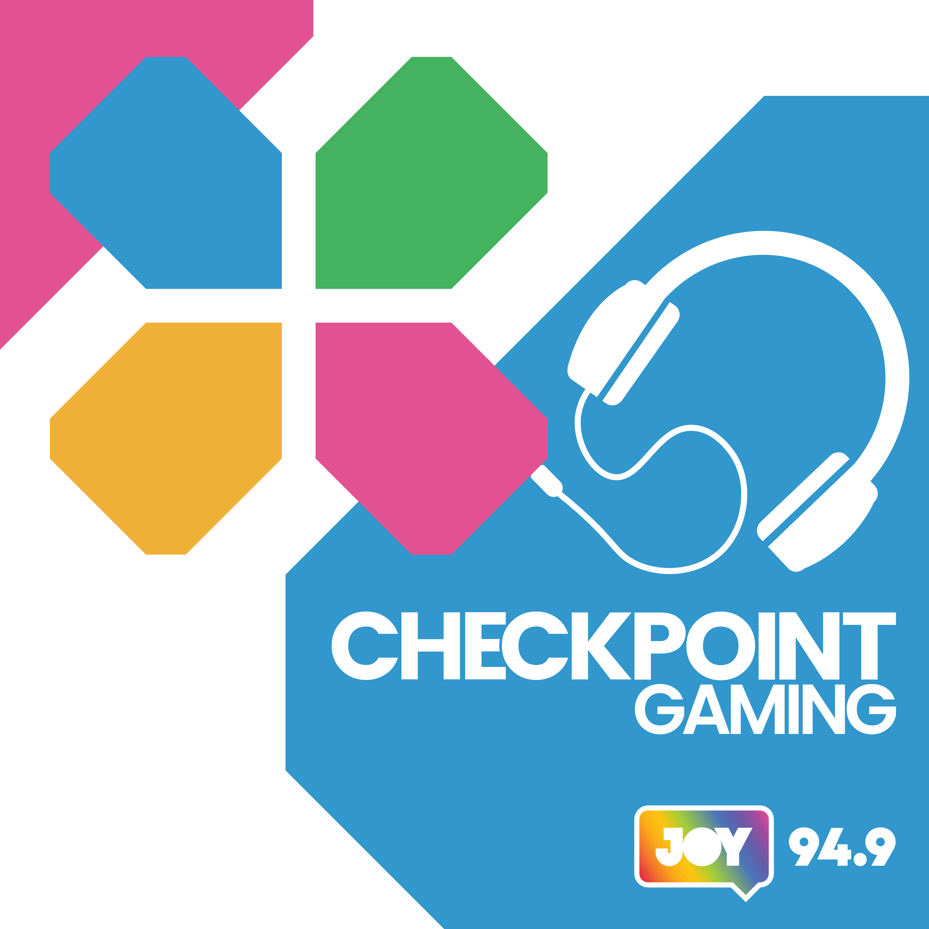 Logo for Checkpoint Gaming. In the upper-left there is an angled video game controller cross button shape; each direction is a different colour: blue, green, pink, and yellow. To the right is a white wired headphone that is plugged into the controller button. Below is the following text: "Checkpoint gaming. Joy 94.9".