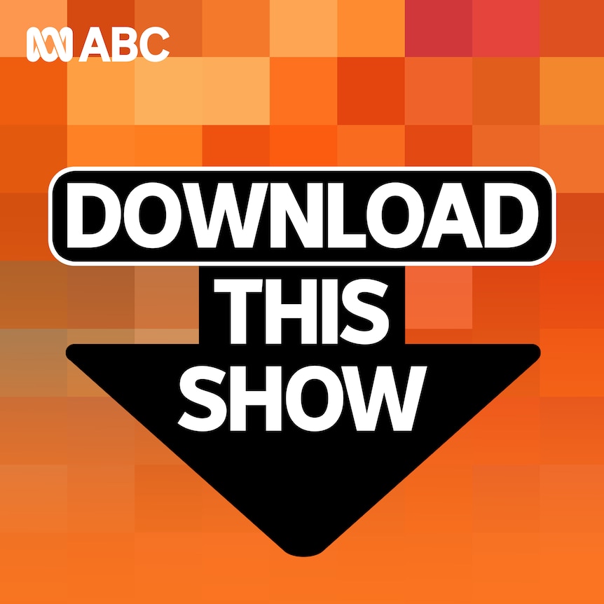 Orange square with the ABC logo in the upper-left corner. In the centre is a large black arrow pointing down, with "DOWNLOAD THIS SHOW" in all capitals over the top in white.